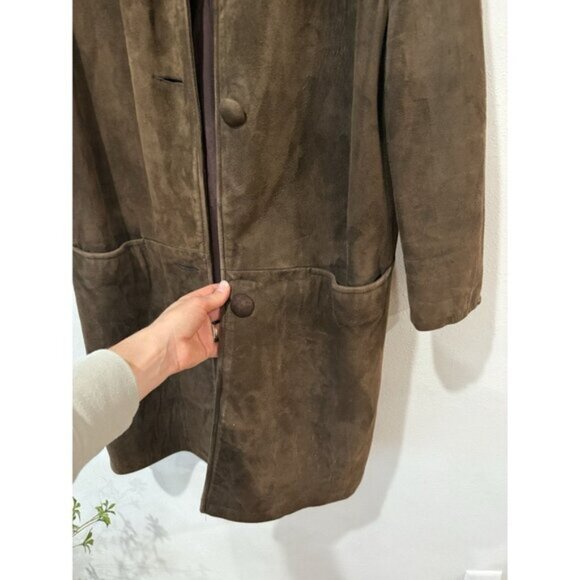 Vintage 70’s Suede Leather Coat Mink Collar Medium Chocolate Brown Button Up - Picture 3 of 4